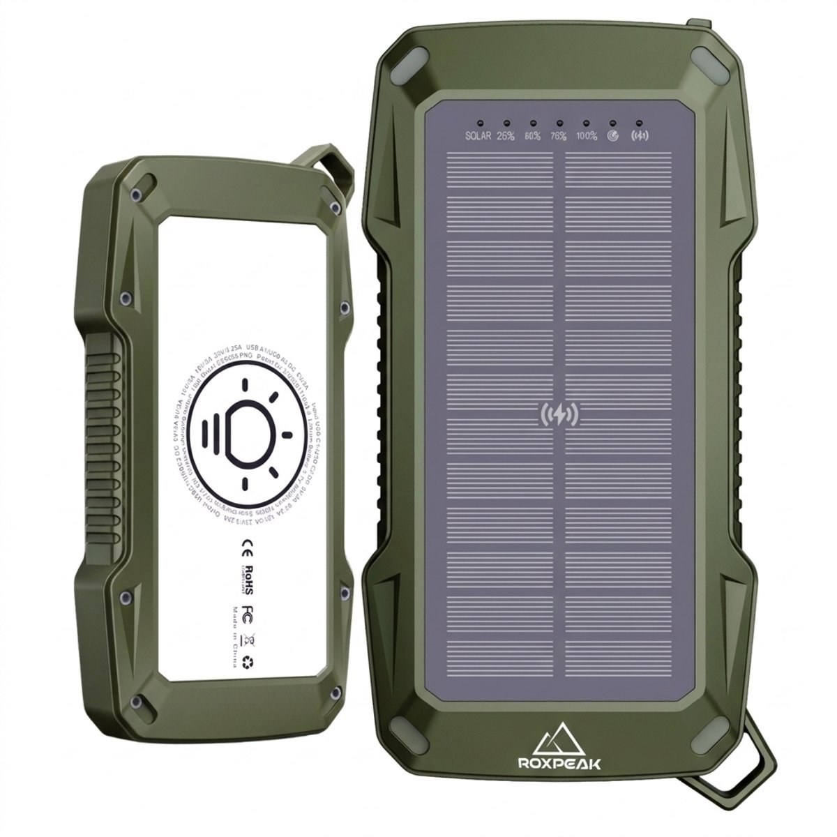 RoxPeak® Titancharge X2 - Solar Powerbank 50.000 MaH - 65W Snellader - Geschikt voor alle smartphones & Tablets - 2x USB A + 2x USB-C - LED Display - Kampeerlamp - Sensor Alarm - Outdoor - Noodpakket - Universeel - Groen