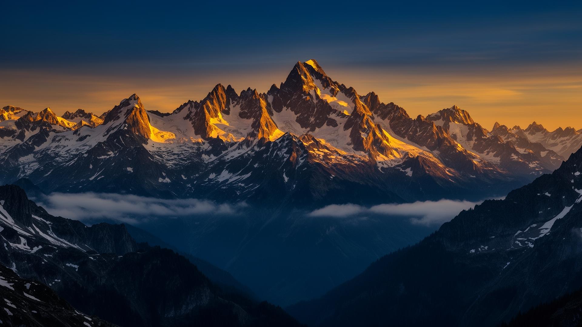 Snow-capped mountain peaks at golden hour