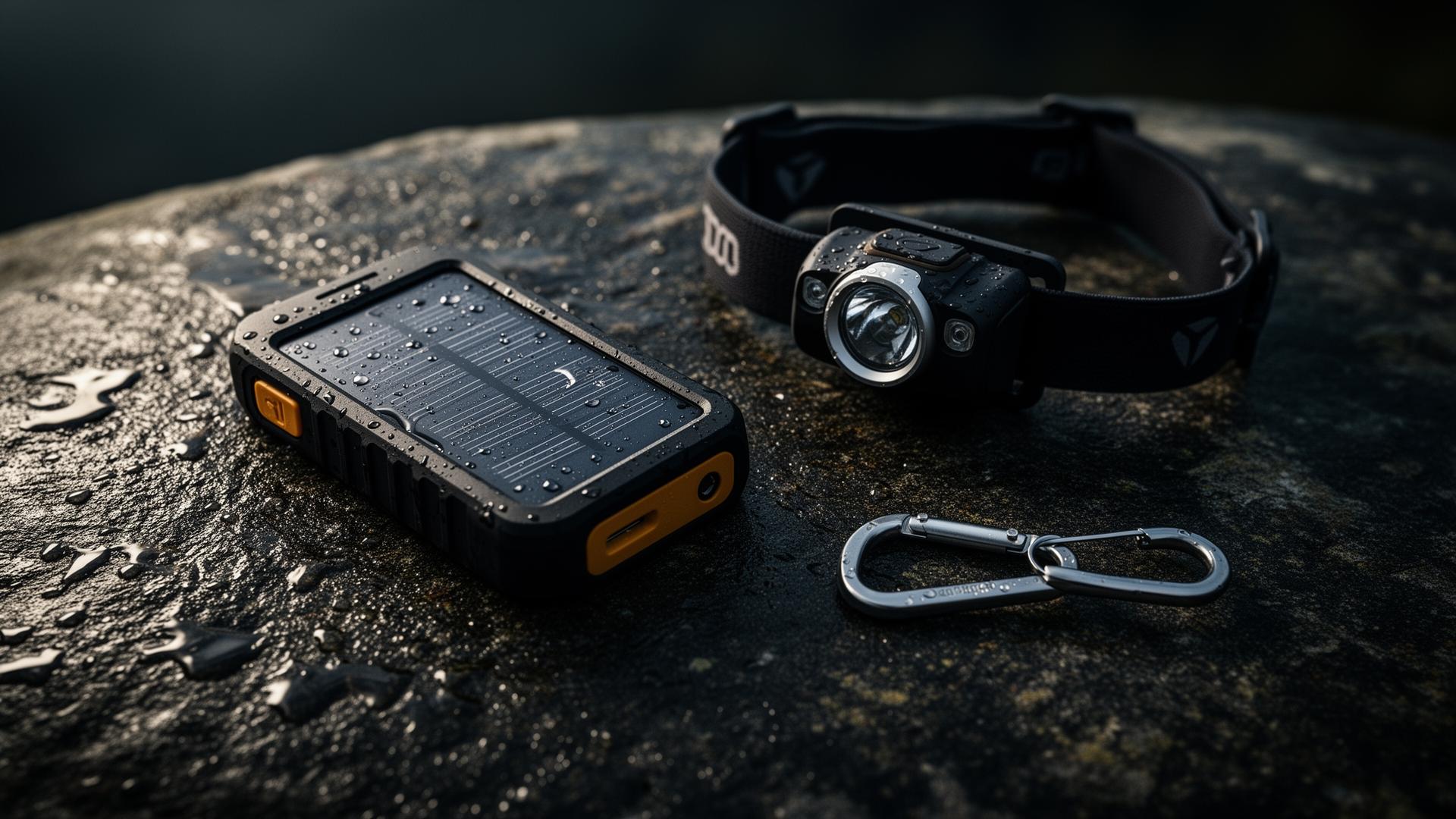 Roxpeak gear: solar powerbank, headlamp and carabiner on wet stone